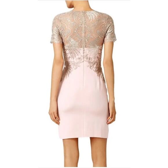 Marchesa Notte Silk Buckingham Sheath Mini Cocktail Dress Gold Metallic Lace 12 - Picture 2 of 12